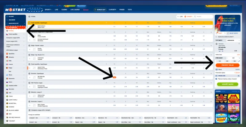 Sportovní sázková nabídka v Mostbet v České republice